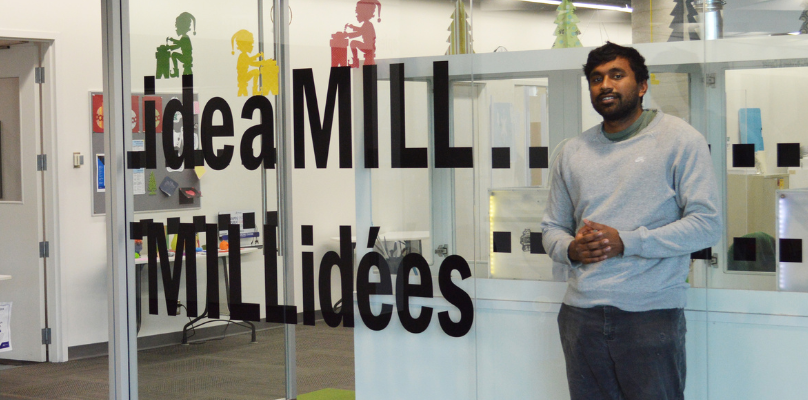 Osani Balkaran, MiR for 2022-2023, at the entrance to the ideaMILL makerspace.